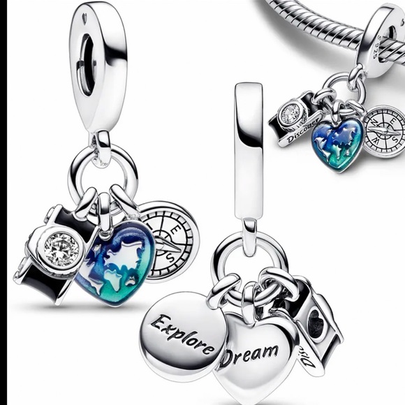 NWOT Camera, Heart & Compass Triple Dangle Charm Sterling Silver 925 - Picture 1 of 12